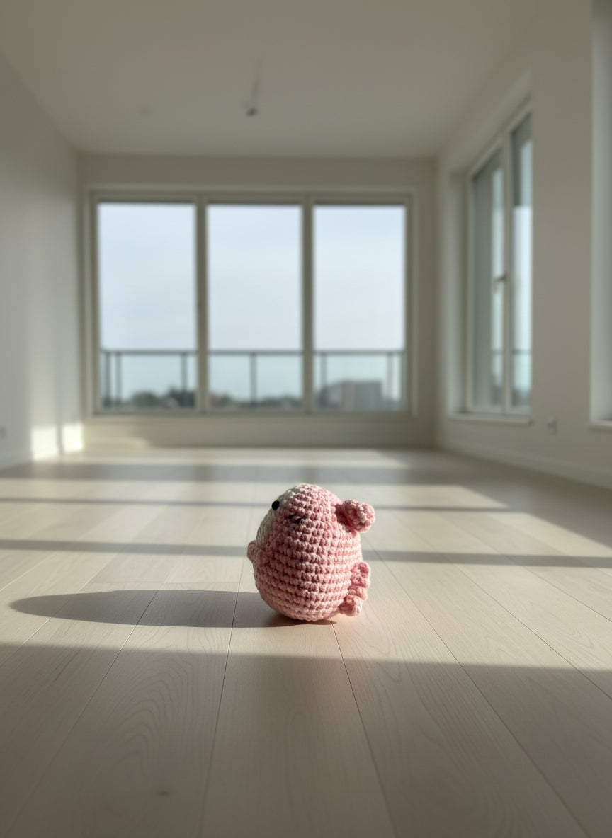 Gehäkelter Amigurumi Hai von hinten auf dem Boden