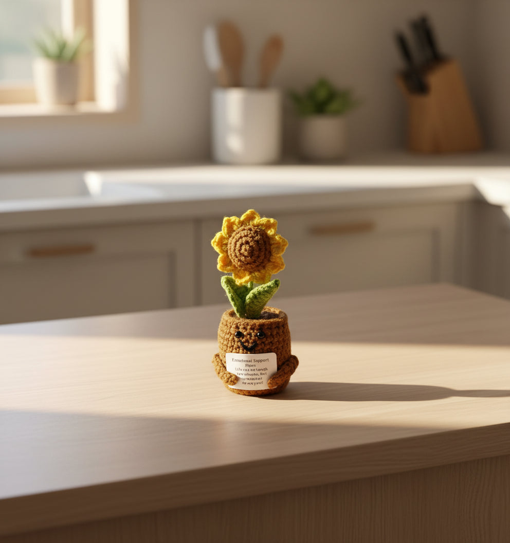 Gehäkelte Blume in der Küche im Sonnenlicht