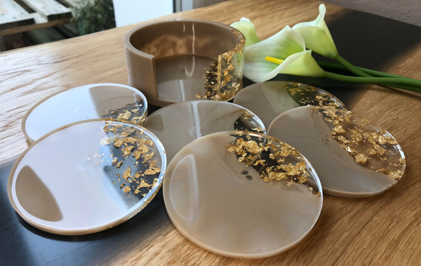 6er Set Untersetzer Set aus Epoxidharz in Beige - Rand Natur