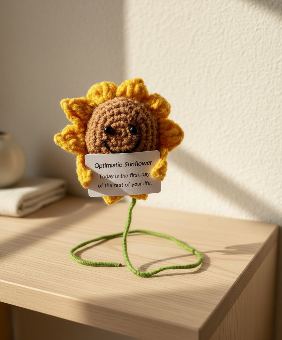 Gehäkelte optimistische Sonnenblume auf einem Draht - stehend auf einer Komode