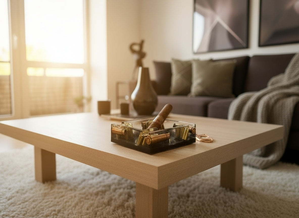 Industrial Aschenbecher aus schwarzem Epoxidharz mit eingegossenem Recycelten Messing in Kupfer auf dem Couchtisch