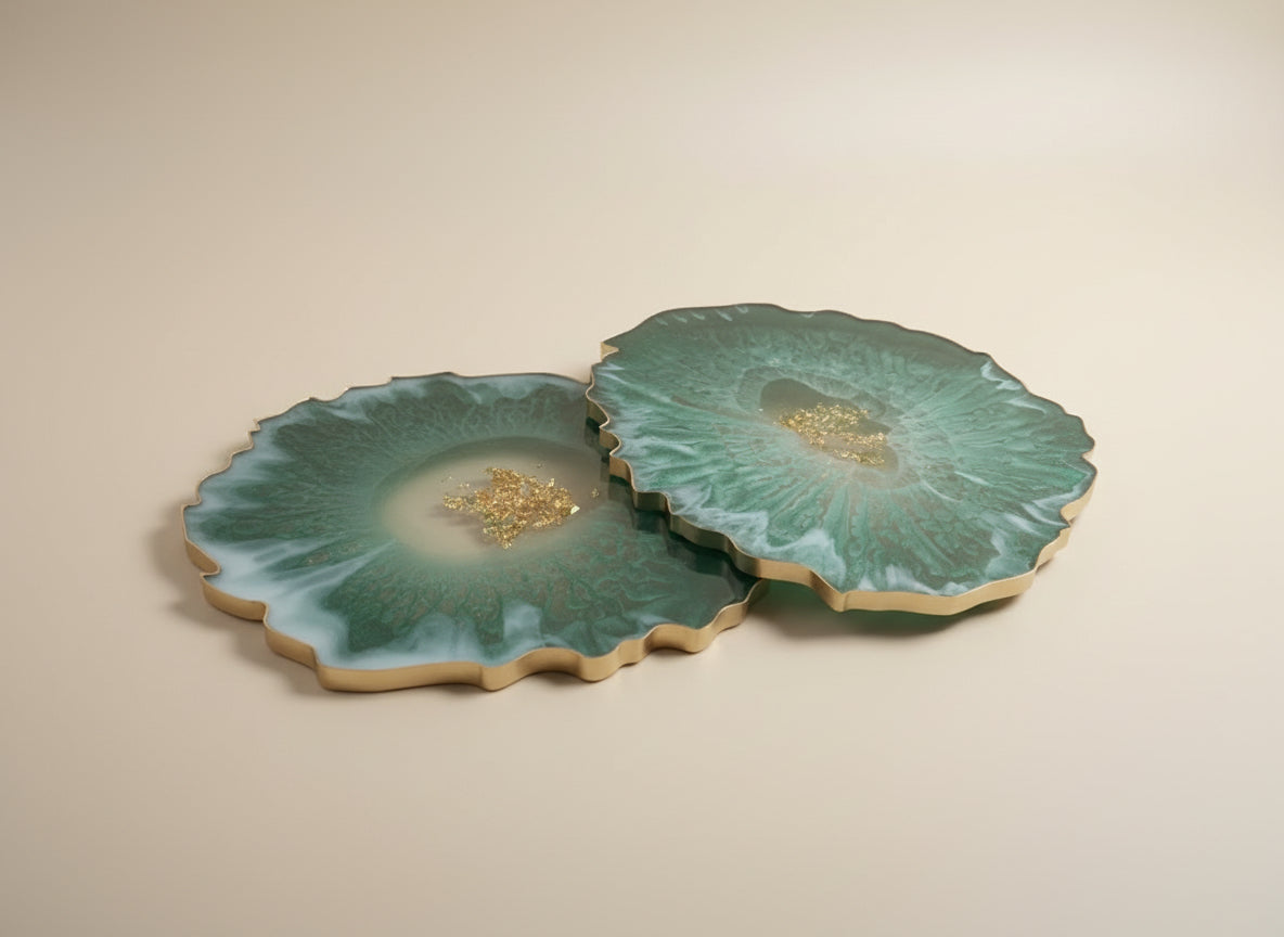 Untersetzer aus Epoxidharz - Goldumrandung komplett - 2er Set in Grün-Gold