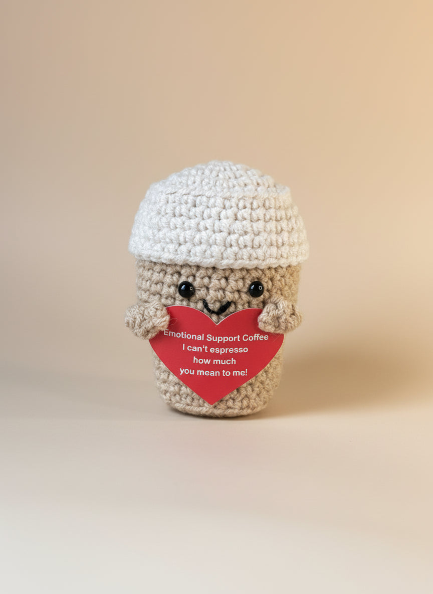 Gehäkelter Kaffee ToGo-Becher mit positiver Nachricht 