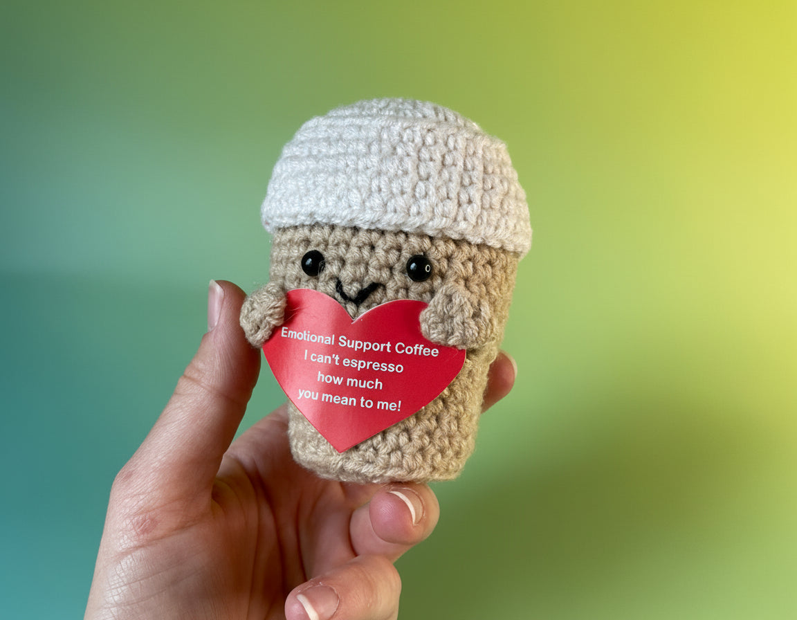 Gehäkelter Kaffee ToGo-Becher in der Hand gehalten 