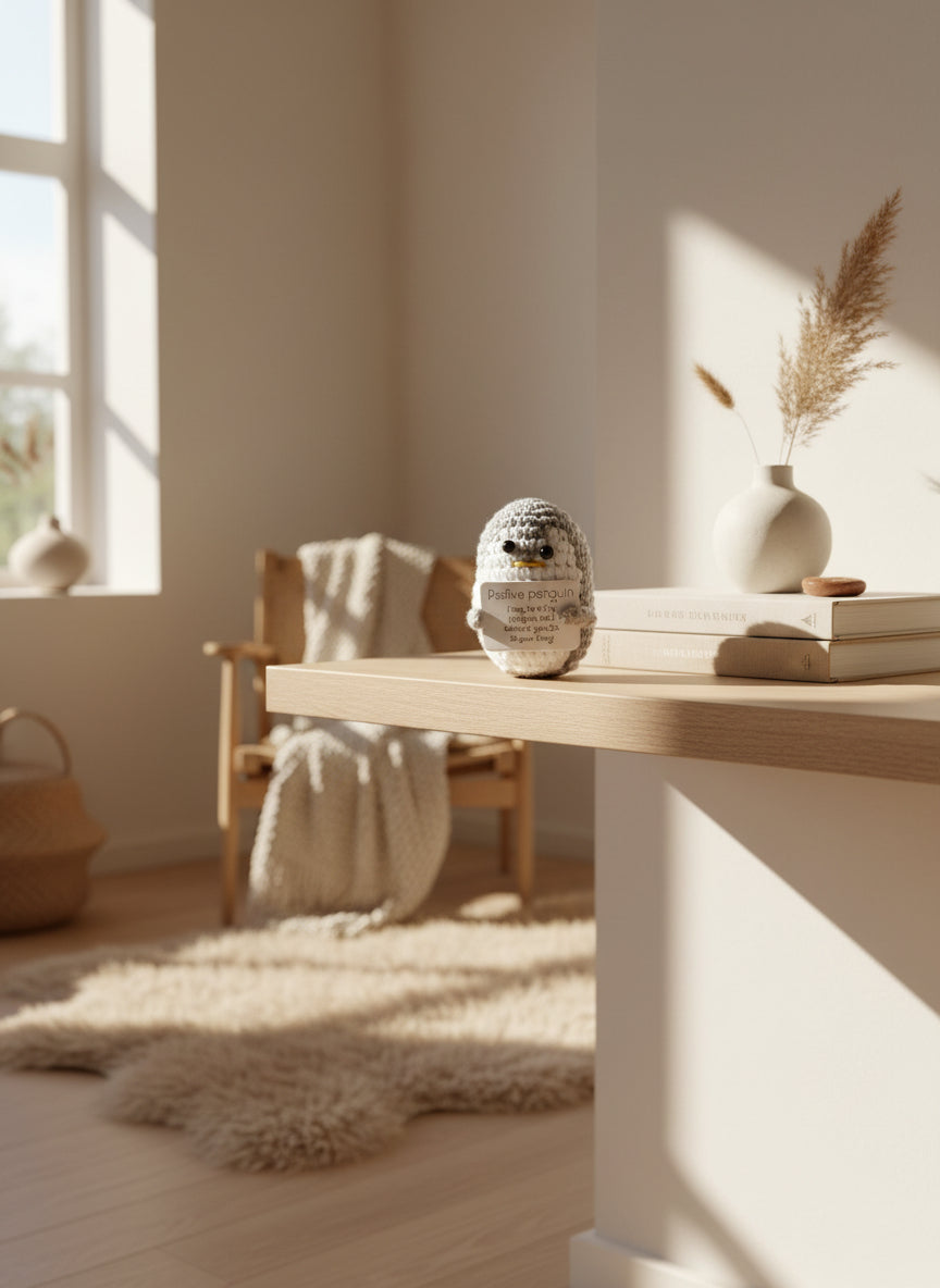 Graue gehäkelte Positive Pinguin in der Wohnung 