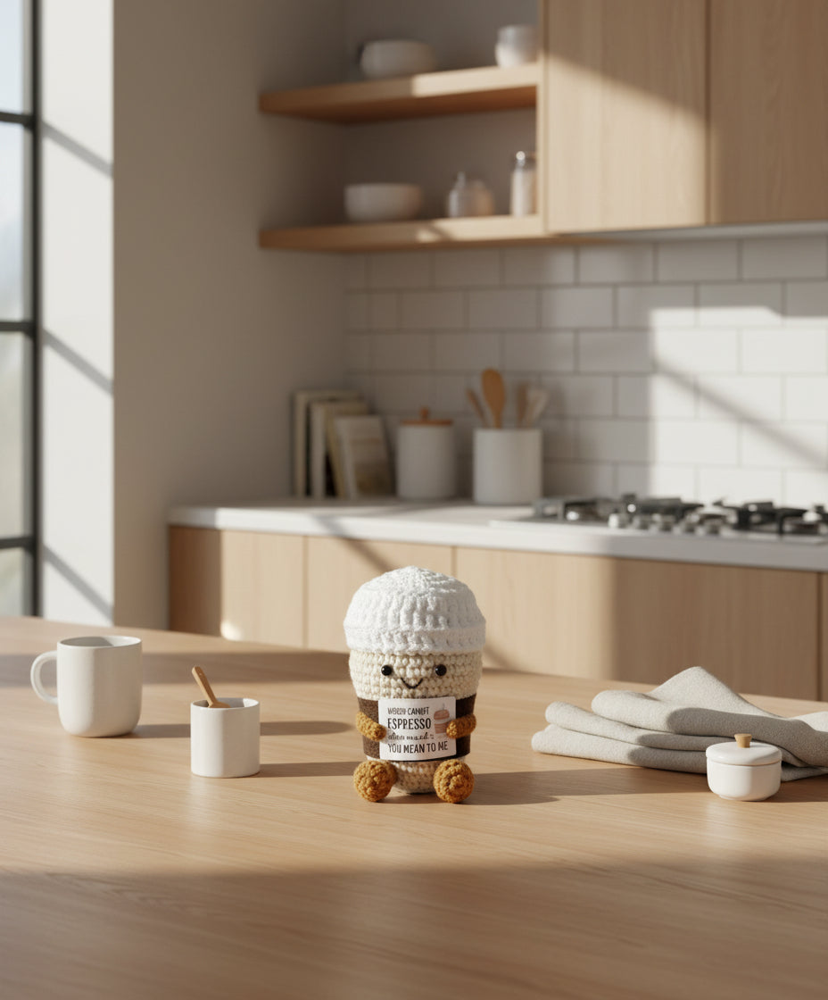 Gehäkelter Espresso ToGo-Becher in der Küche
