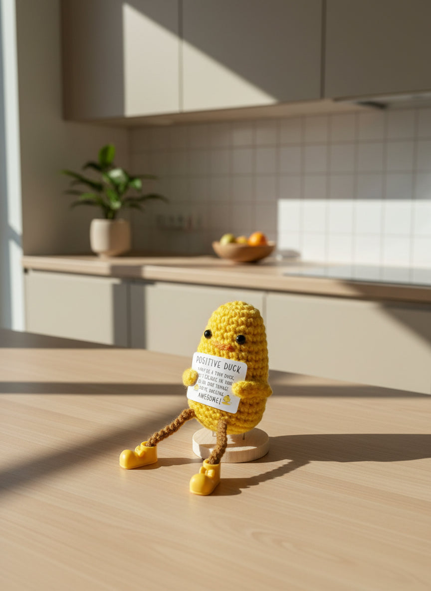 Positive Ente mit hängenden Beinen - in der Küche