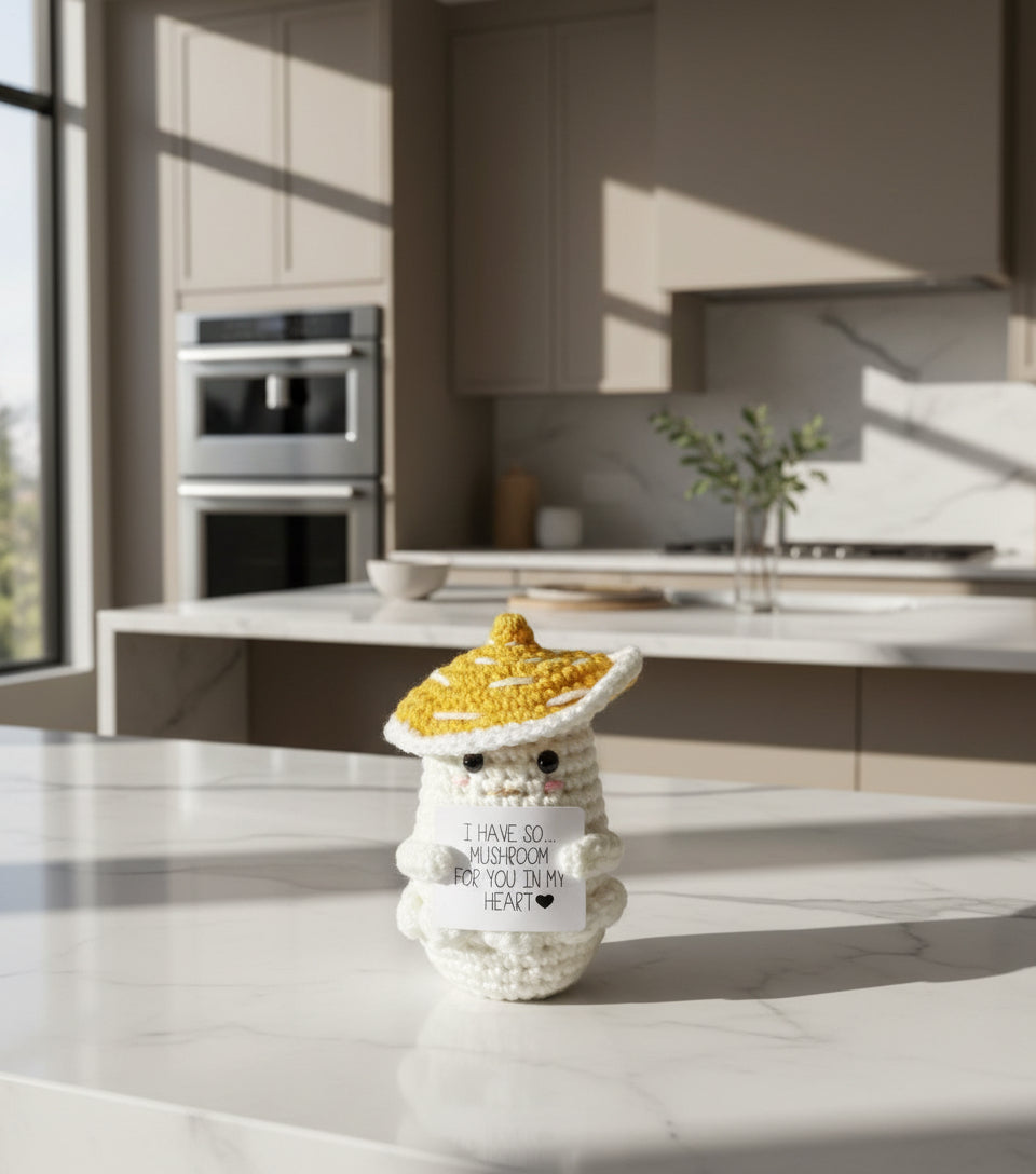 Gehäkelter Pilz, Positive Mushroom mit gelber Kappe in der Küche