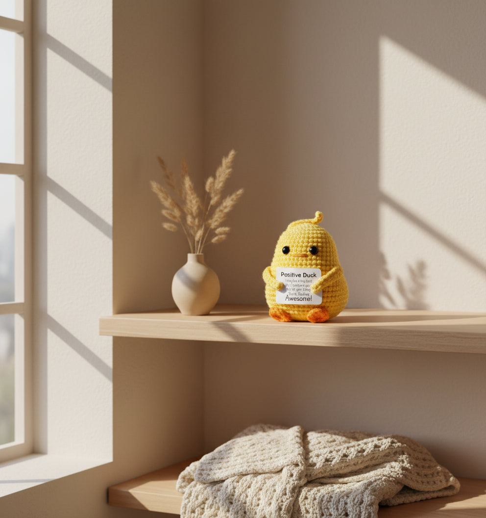 Positive Ente mit großem Po - Big Butt gehäkelte Ente von vorne in der Wohnung 