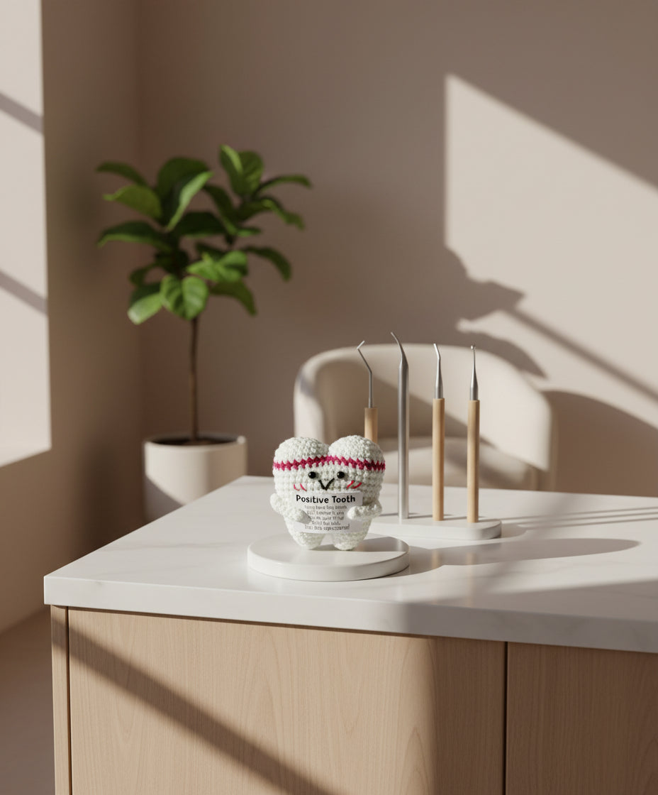 Positive Tooth - positiver Zahn - gehäkelte Zahn mit positiver Botschaft in einer Zahnarztpraxis