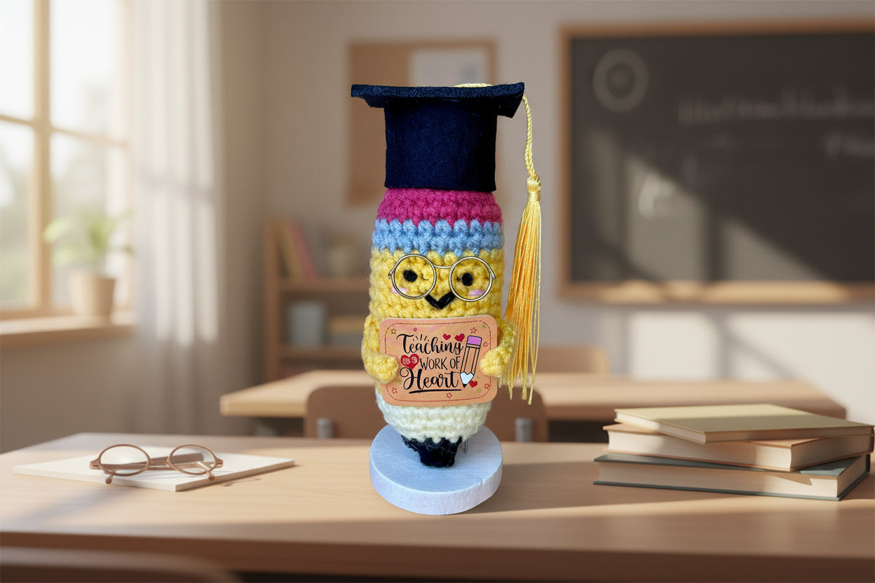 Gehäkelte Bleistift-Figur mit Diplomhut auf Holzsockel in einem Klassenzimmer– Amigurumi Lehrergeschenk handgemacht 