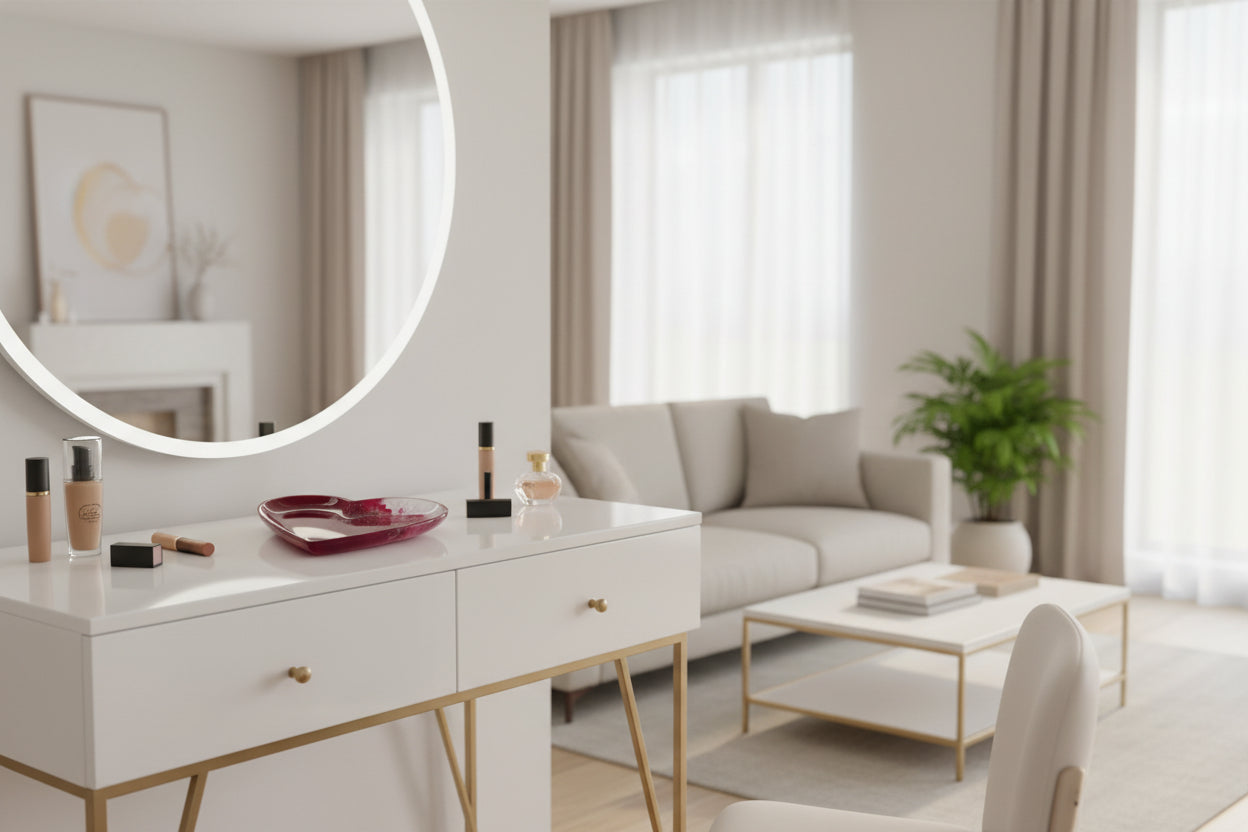 Herz-Schmuckschale auf dem Make-up Tisch 