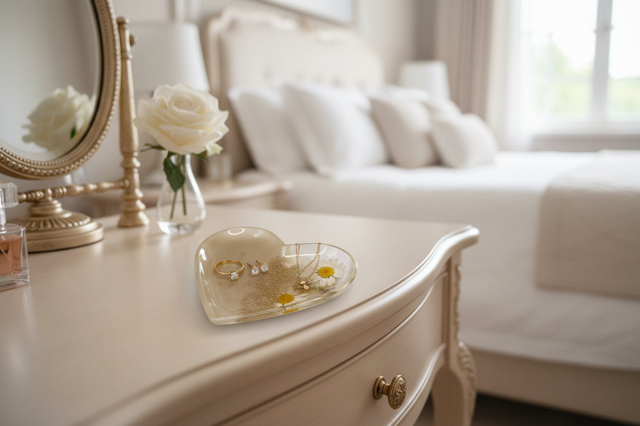Herzförmige Epoxidharz Schmuckschale   im Schlafzimmer auf dem Make-up Tisch 