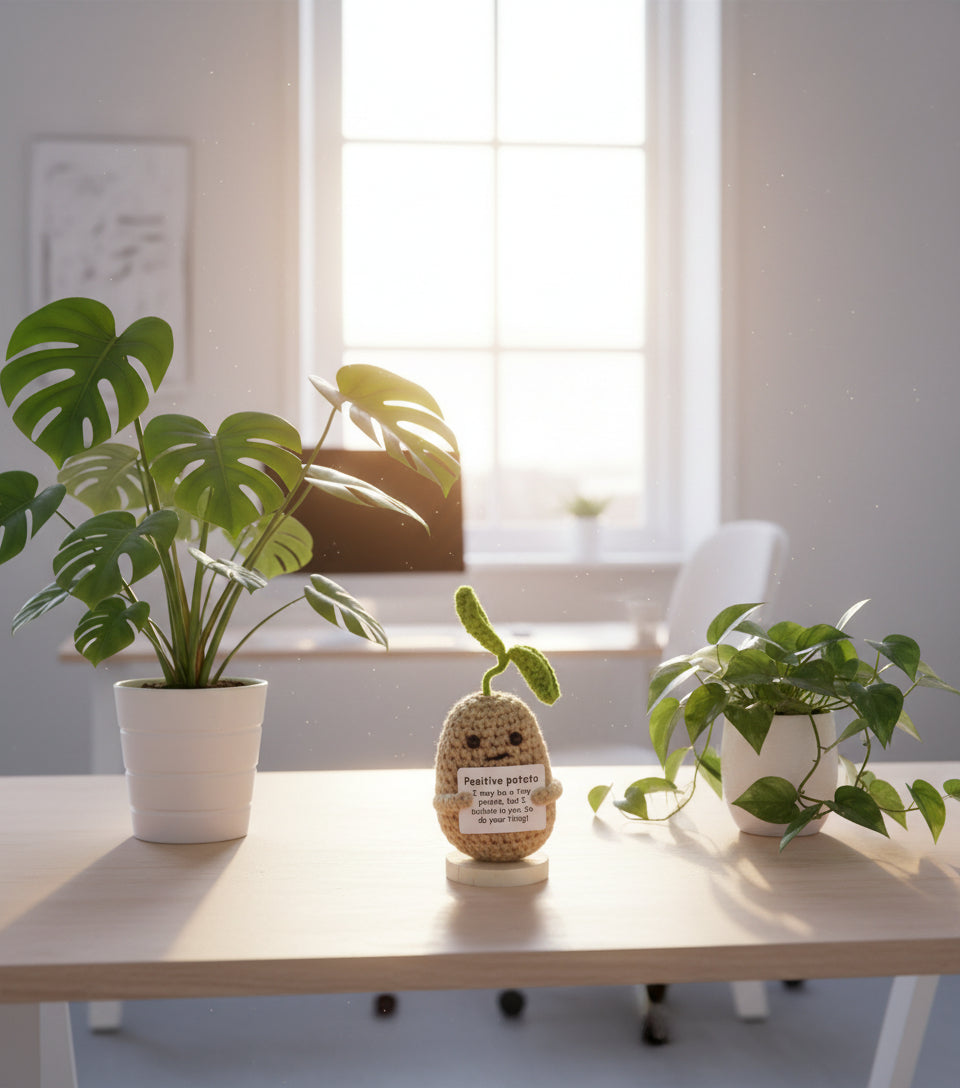 Positive Potato mit grünem Blatt am Kopf im sonnigen Büro neben den Zimmerpflanzen hingestellt