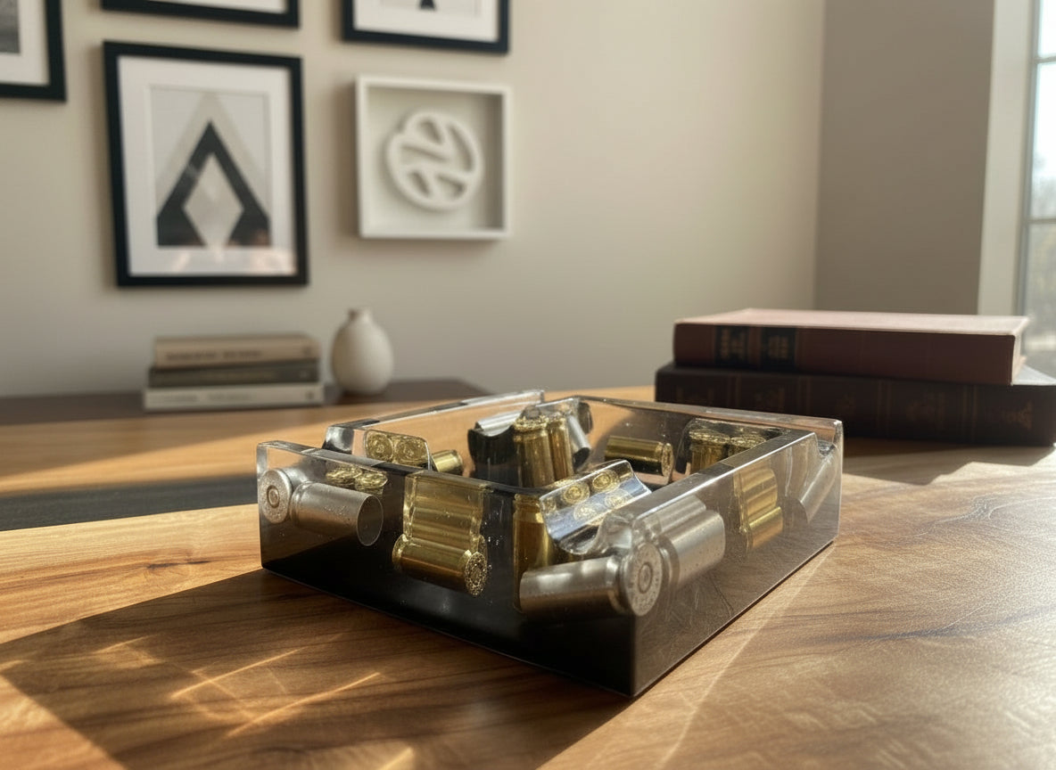 Industrial Aschenbecher aus schwarzem Epoxidharz mit eingegossenem Recycelten Messing in Silber 