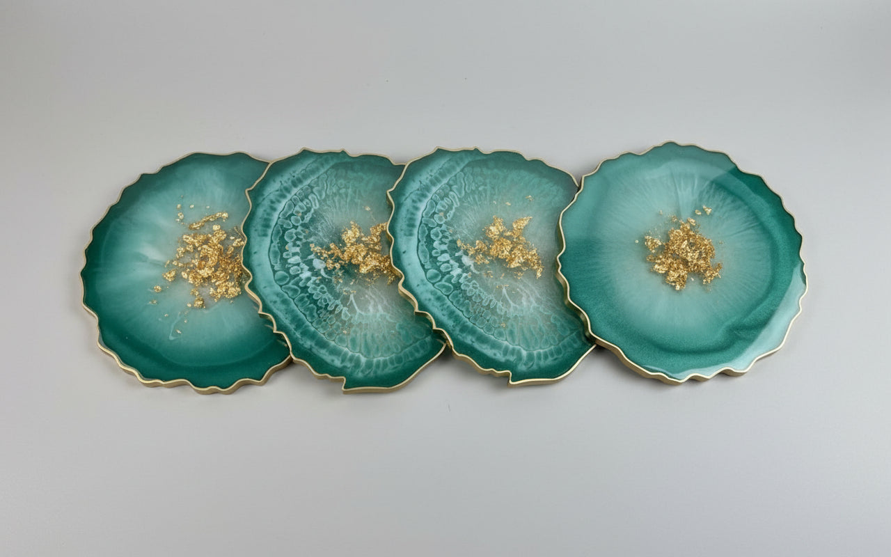 4er Set Untersetzer aus Epoxidharz Grün-Gold 12-13cm Durchmesser