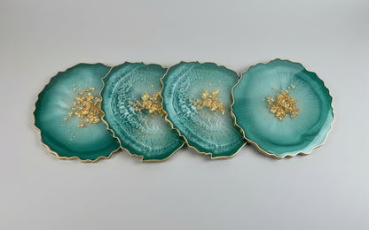4er Set Untersetzer aus Epoxidharz Grün-Gold 12-13cm Durchmesser