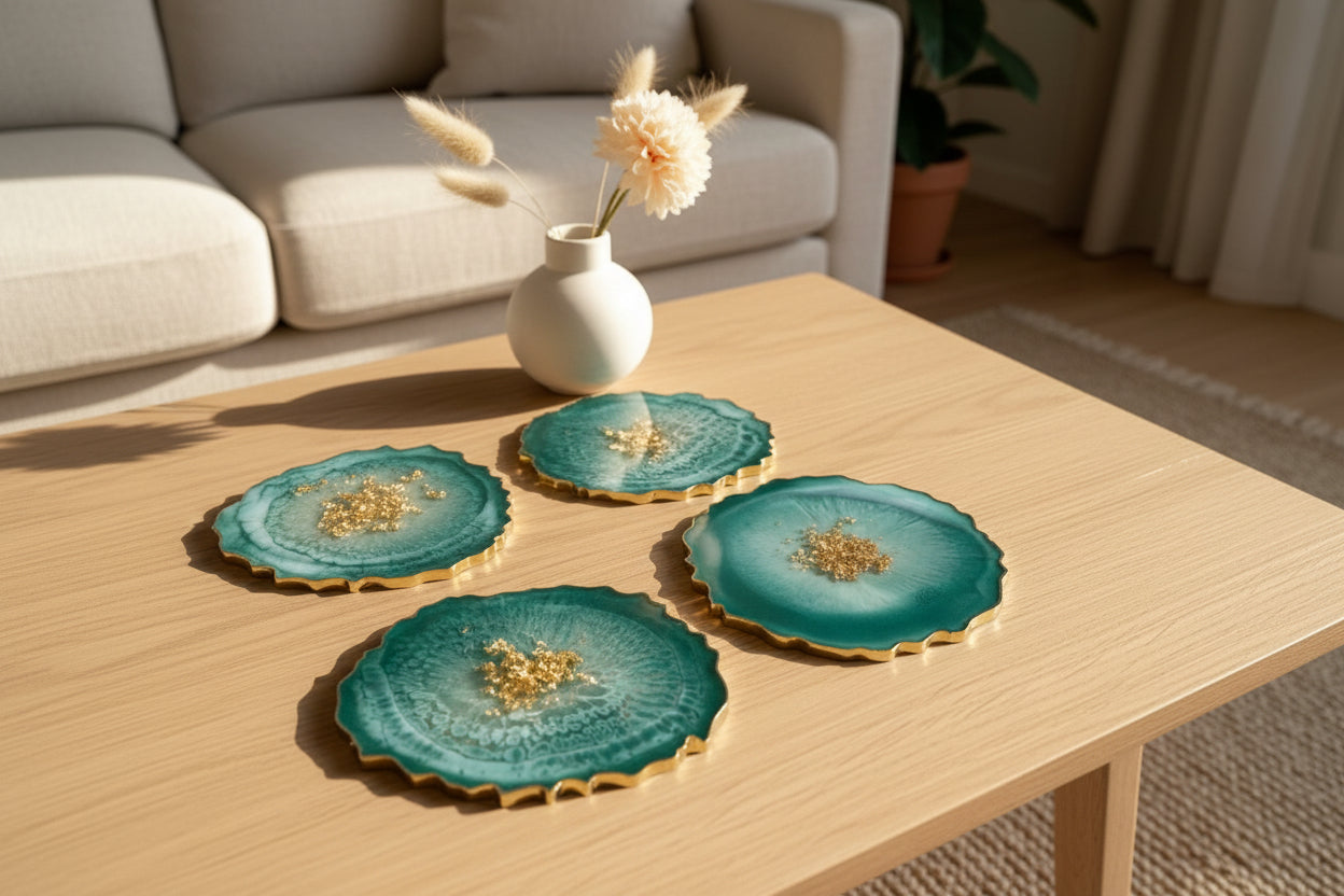 Untersetzer aus Epoxidharz - 4er Set - Grün-Gold