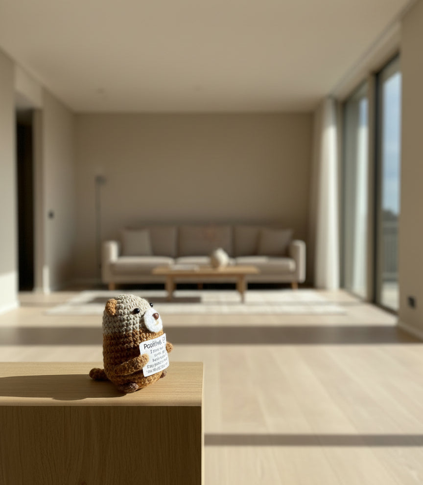 Positive Otter im Wohnzimmer - gehäkelte Otter Figur als Mutmacher
