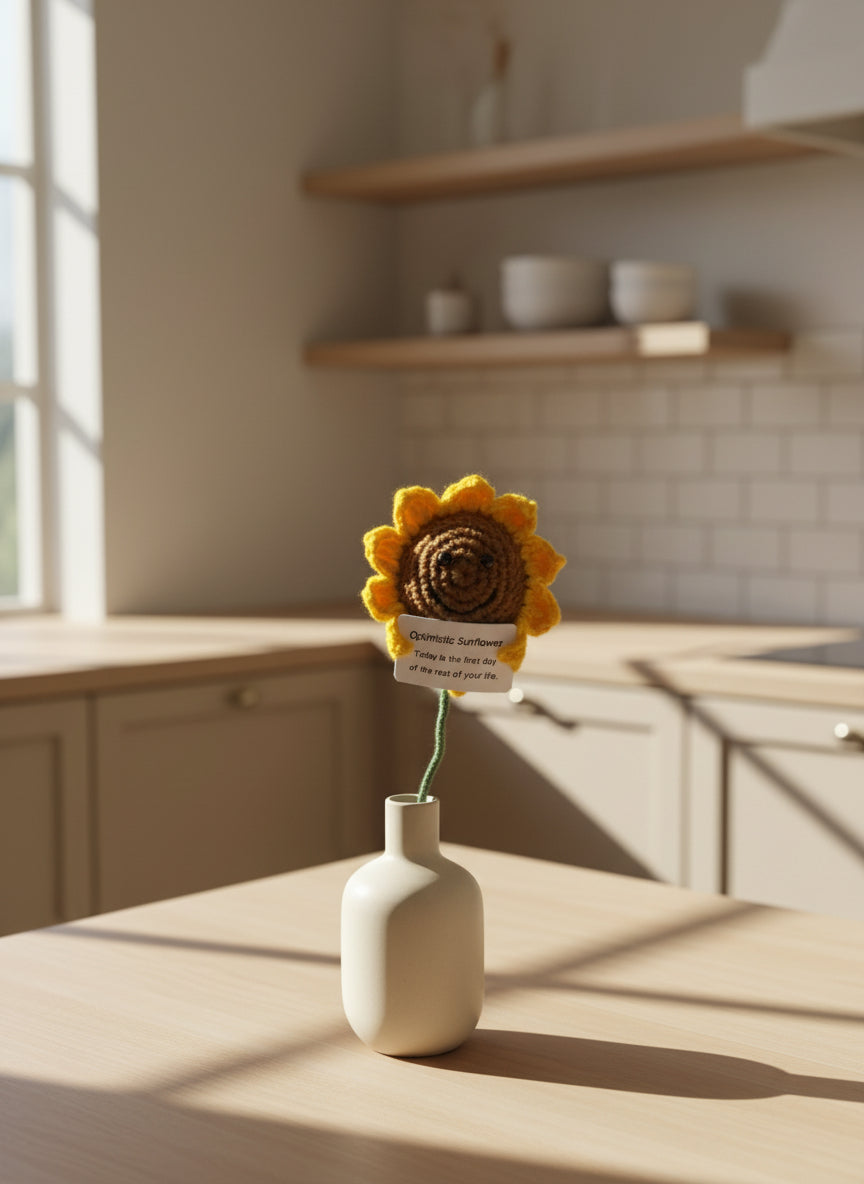 OPTIMISTIC SUNFLOWER: gehäkelte Sonnenblume auf flexiblem Draht – biegbar in einer Vase 