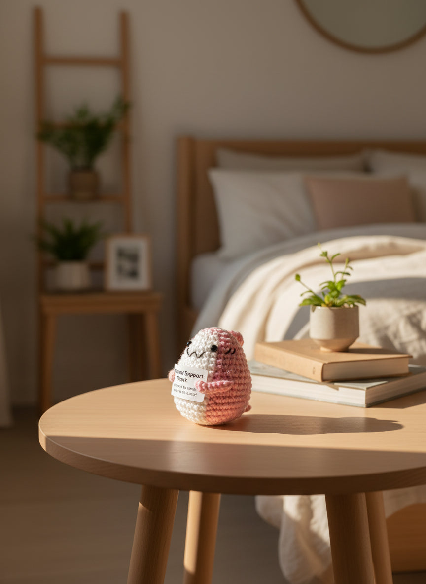 Rosane gehäkelter Plüschhai mit positiver Botschaft im Schlafzimmer 