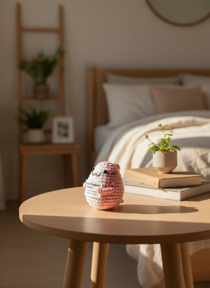 Rosane gehäkelter Plüschhai mit positiver Botschaft im Schlafzimmer 