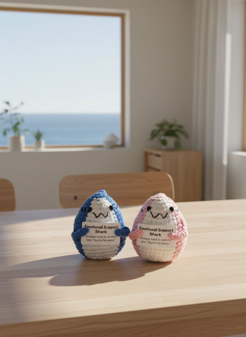 Gehäkelter Plüschhai mit positiver Botschaft in Rosa und Blau im Esszimmer