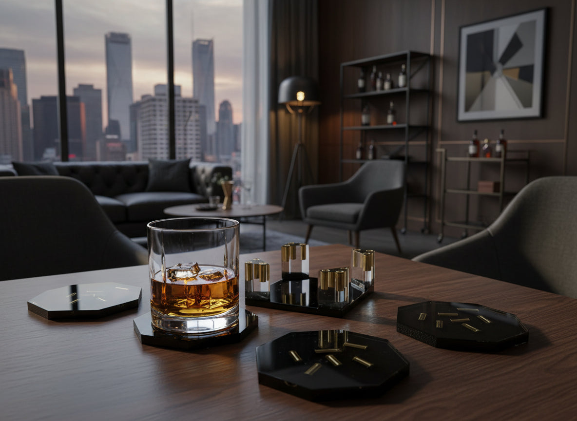 Epoxidharz Untersetzer Set Schwarz mit Metall-Hülsen, 5-teilig, in Benutzung