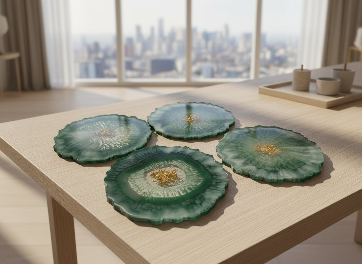 4er Set Epoxidharz Untersetzer - Umrandung Natur auf einem Tisch gelegt 