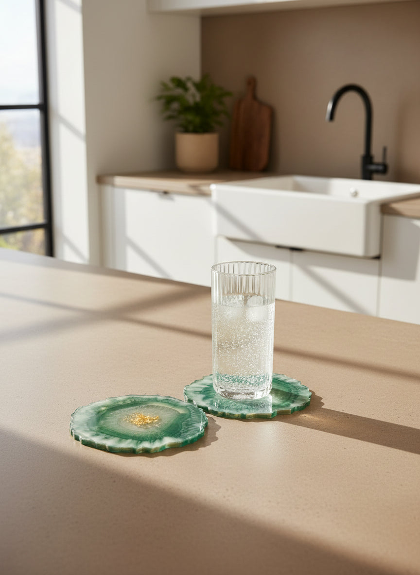 Untersetzer aus Epoxidharz - Umrandung natur - 2er Set in Grün-Gold, bei Verwendung in der Küche