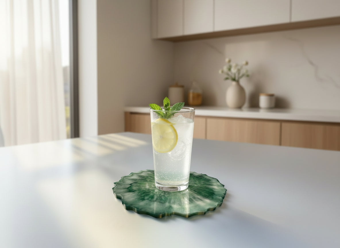 Einzelner Untersetzer - aus Epoxidharz, handgefertigt, in Grün-Gold, Rand Natur, in Verwendug mit einem kleinen Glas Wasser.