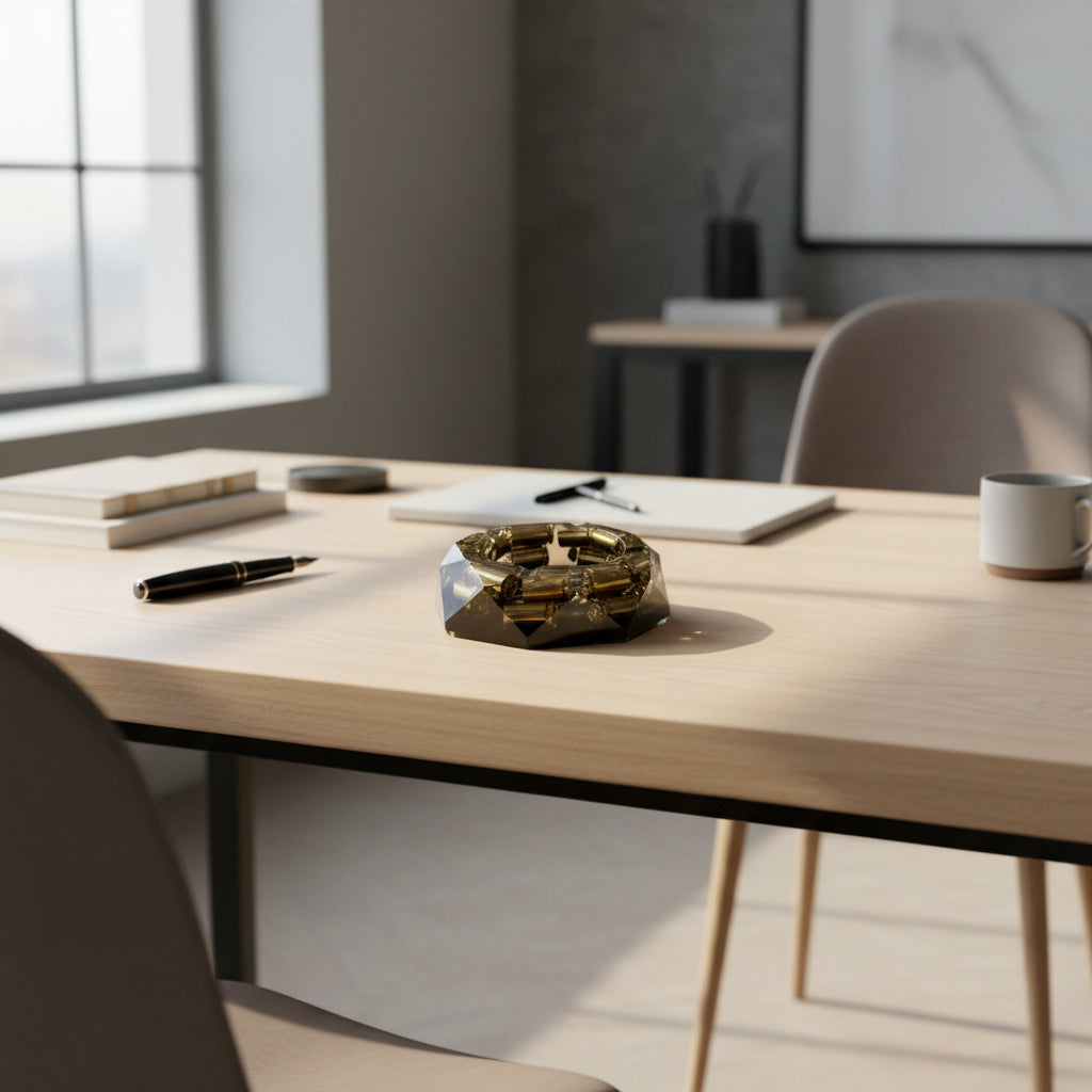 187 Aschenbecher aus Epoxidharz mit Recyceltem Messing in Durchsichtig -Schwarz - diamantförmig auf dem Bürotisch 