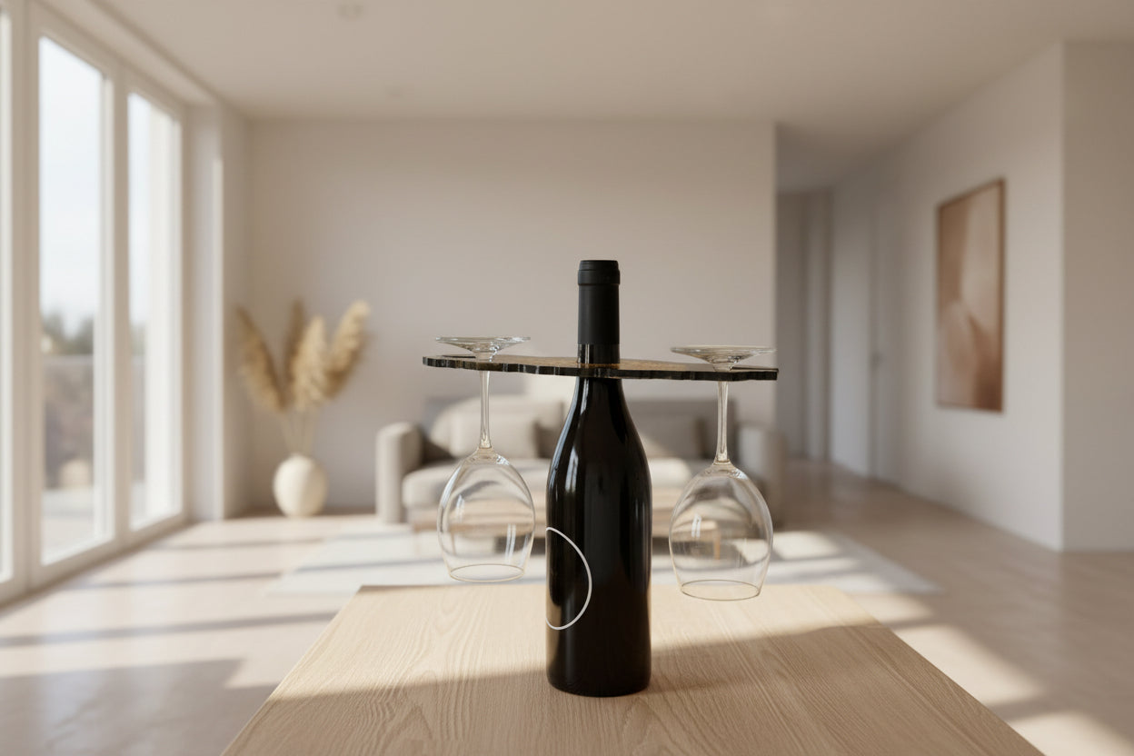 Wine Butler Epoxidharz Schwarz-Gold Weinglashalter handgefertigt - in Benutzung 