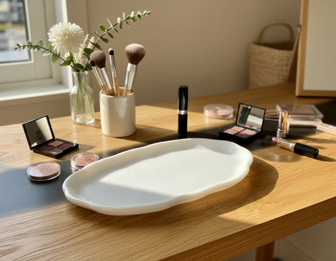 Minimalistisches weißes Deko-Tablett aus Epoxidharz 28x16 cm - auf dem Make-up-Tisch 
