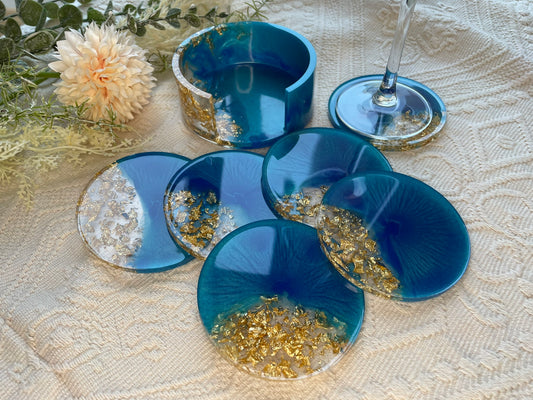 Exklusives Resin Untersetzer Set 6er | Ocean Blue & Goldflocken | Handgegossenes Unikat | Luxuriöse Tischdeko