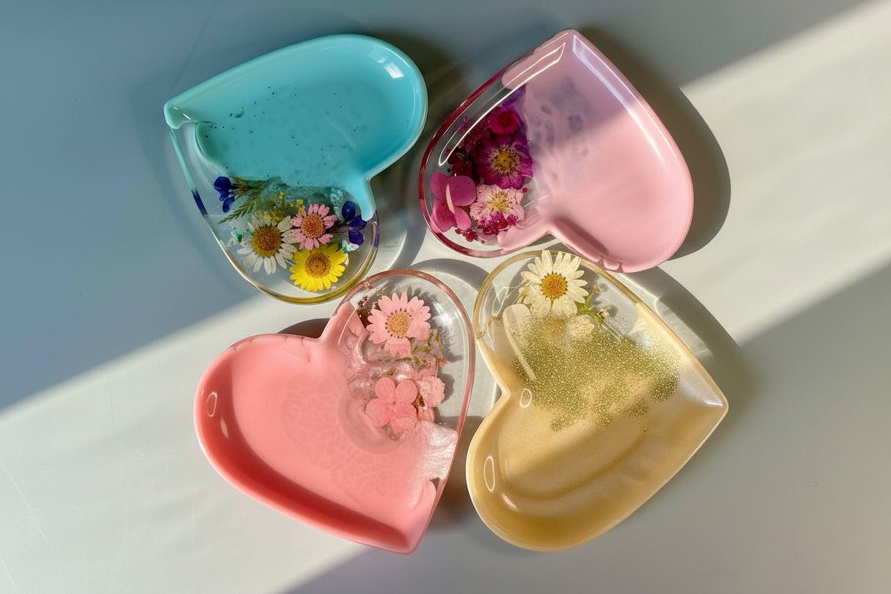 Herzförmige Schmuckschale mit Echten Blüten – Handgefertigtes Epoxidharz-Unikat