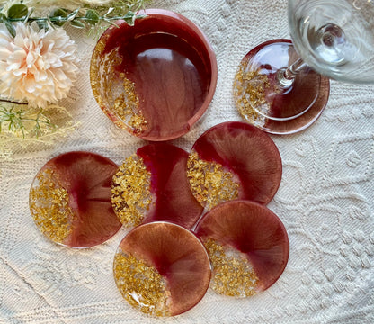 Handgefertigtes Epoxidharz Untersetzer Set 6er in Kupferrose mit Goldflocken - Luxuriöse Tischdeko mit Halter und Weinglas
