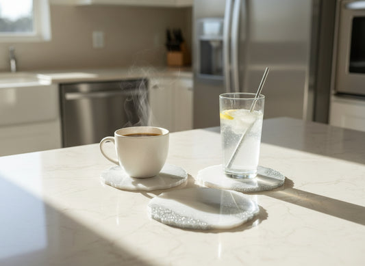 Glitzer Untersetzer aus Epoxiddharz 2er Set in Weiß-Silber - bei Verwendung in der Küche