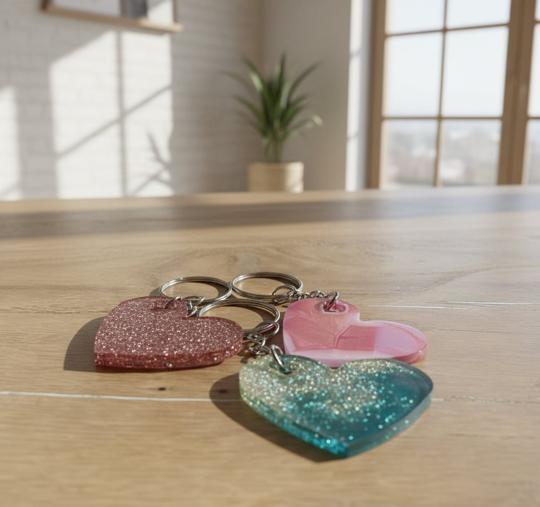 Herzförmige Epoxidharz Schlüsselanhänger - in verschiedenen Farben in einer heller Wohnung. 