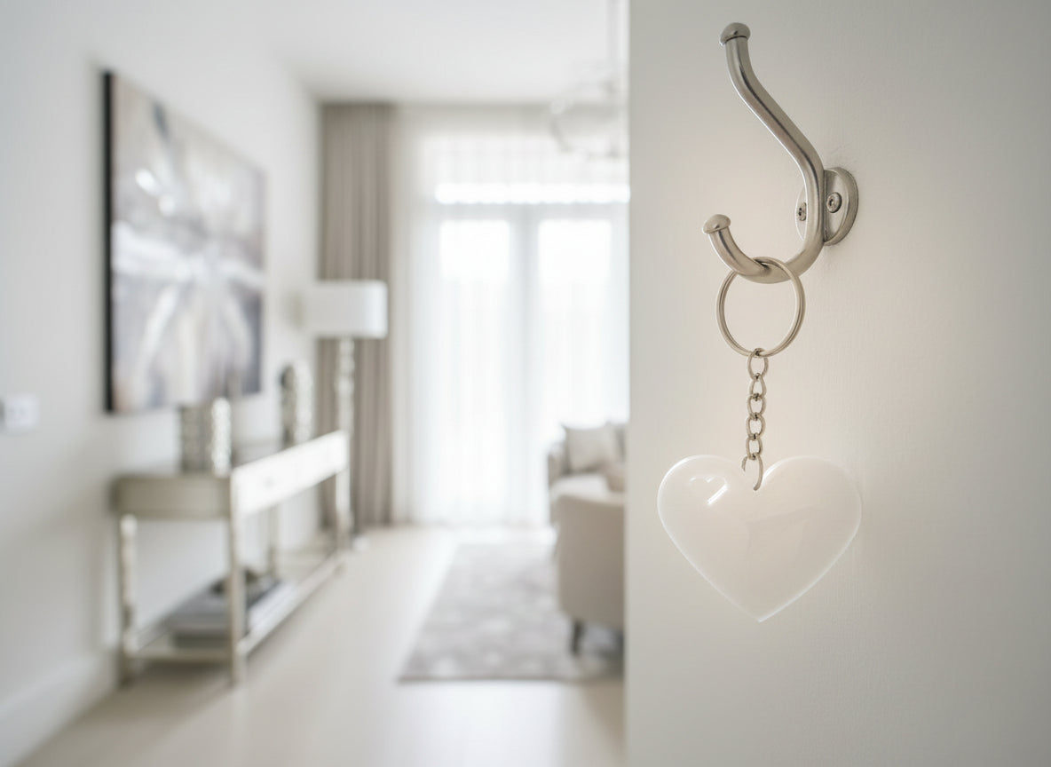 Herzförmiger Schlüsselanhänger aus Epoxidharz hängt in einer moderner Wohnung in dem Eingangsbereich.