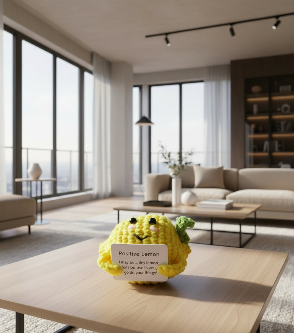 Positive Lemon - positive Zitrone - gehäkelte Zitrone in einem modernen Wohnzimmer