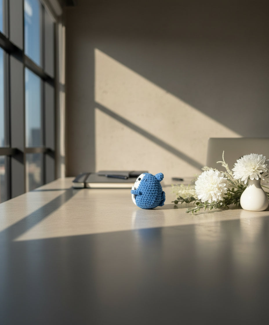 Gehäkelter Plüschhai mit positiver Botschaft auf dem Bürotisch 