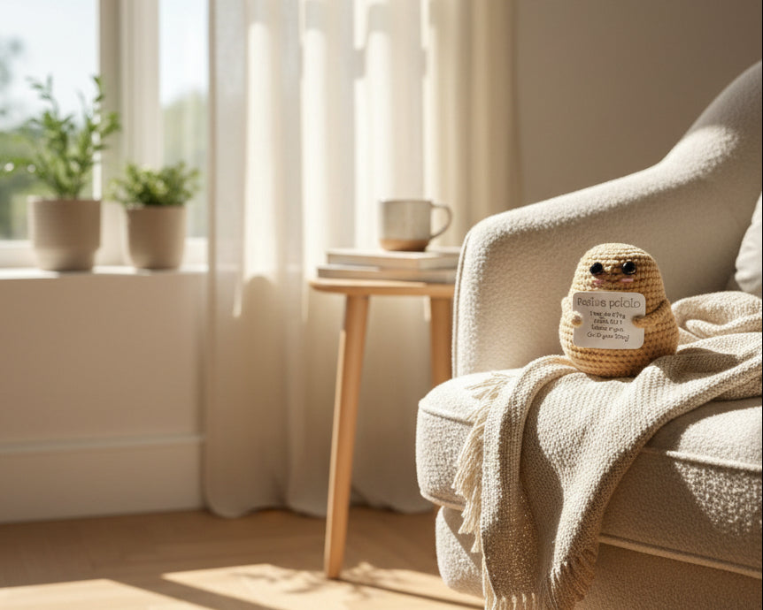 Gehäkelte Positive Potato in Beige auf einem gemütlichen Sofa