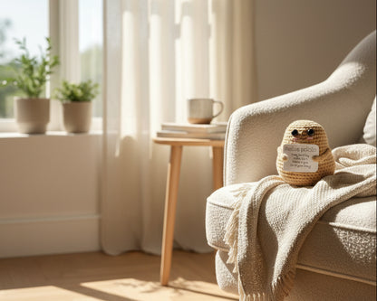 Gehäkelte Positive Potato in Beige auf einem gemütlichen Sofa