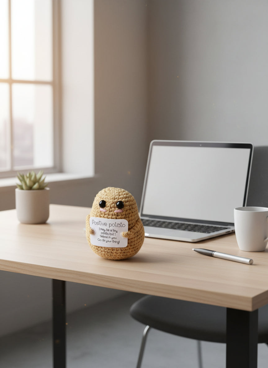 Gehäkelte Positive Potato in Beige vor dem Laptop auf dem Schreibtisch 