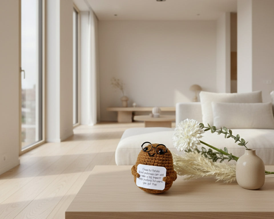 Cheerful Potato mit Brille und positiver Botschaft in einem modernen Wohnzimmer auf der Couchtisch 