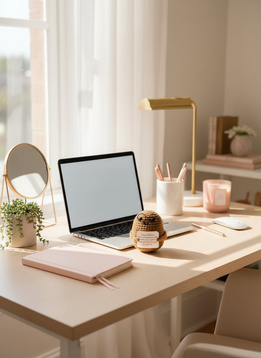Cheerful Potato mit Brille und positiver Botschaft auf dem Bürotisch von einer Frau