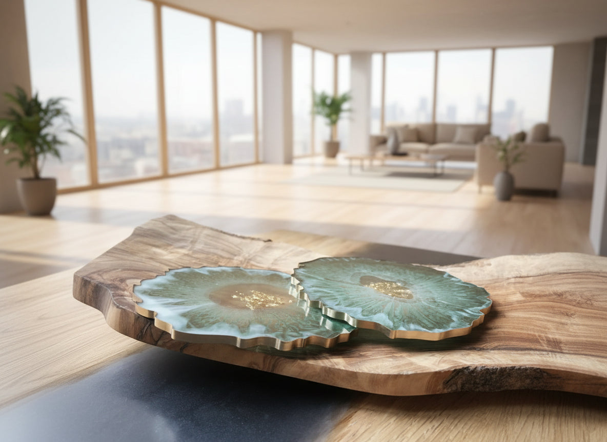 Handgemachte Untersetzer aus Epoxidharz in Grün-Gold 