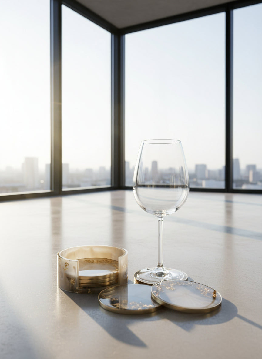 6er Set Untersetzer Set aus Epoxidharz in Beige - komlett Goldumrandung in einem leeren Penthouse