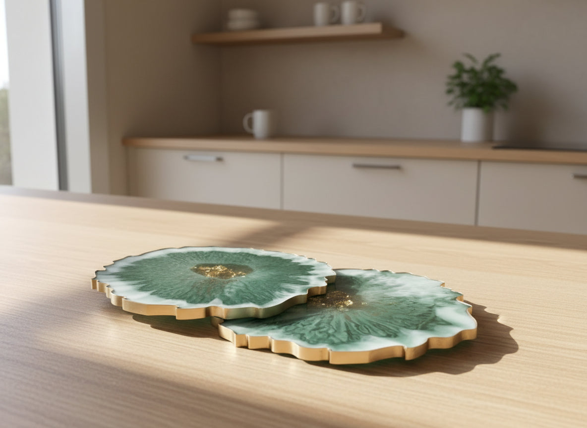 2er Set Untersetzer in einer sonniger Küche - Goldumrandung komplett